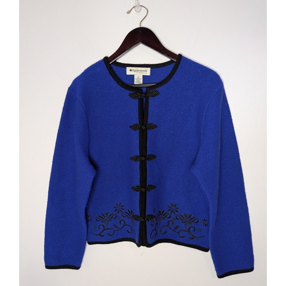 VTG Appleseeds Sz M Navy/Black Boiled Wool Embroidered Toggle‎ Cardigan Sweater